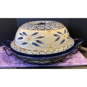 Temptations Old World Blue Shallow Baker Dome Lid Bowl 1.1 Pie Plate Wire Rack